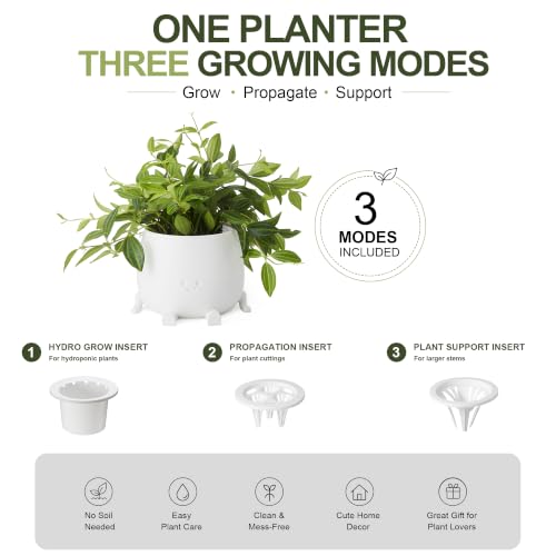 Image of TOPOLA 5.2 Inch Hydroponic Happy Face Planter with 3 Interchangeable Grow Baskets, Water Culture Pot for Pothos, Lucky Bamboo & Plant Propagation, Decorative Desktop Planter for Home & Office, White