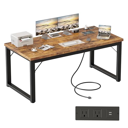 Image of Mericonia 54 Inch Computer Desk with Power Outlets, 1.2 inch Thick Office Table