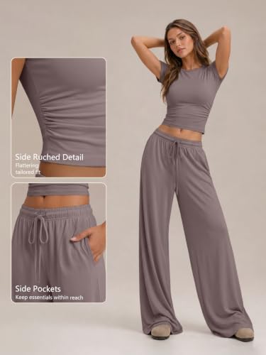 Image of Trendy Queen 2 Piece Matching Summer Lounge Set Womens Side Ruching Top Wide Leg Pants Sets with Pockets