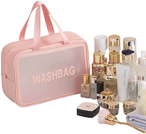 Image of Handcuffs PVC Makeup Pouch with Carry Handle | Wash Bags | Cosmetic Organizer | Toiletry Bag | Vanity Case | Make Up Handbag | Grooming | Travel | Portable | Accessories | Washbag (Pink)
