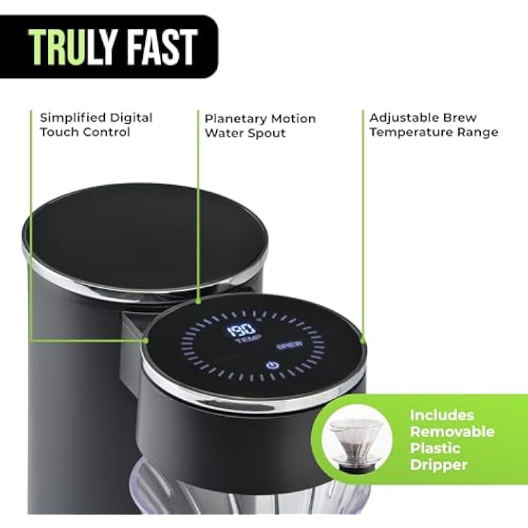 Tru Automatic Pour Over Coffee Maker with Digital Controls - Auto Coffee Maker with Plastic Cone Dripper - Coffee Brewer for Household Use