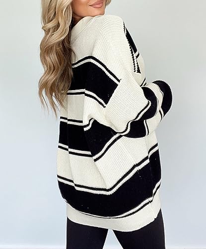 Image of Women Striped Button V Neck Collared Oversized Knitted Long Sleeve Pullover Sweater Tops White