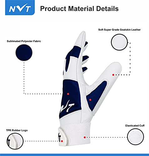 Nvt Baseball Batting Gloves, Offers Superior Grip & Performance, Ultimate Durability And Ventilation, Available In Blue & Multi Color, Youth & Adult Size. (White, Blue, Large) #TOP2