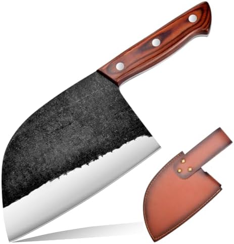 Serbian Chef Knife Outdoor Meat Cleaver Kitchen Butcher Knife 6.7 inch Full Tang with Leather Sheath Boning Viking Knives Multipurpose Grilling Camping Cooking Knife BBQ Tool