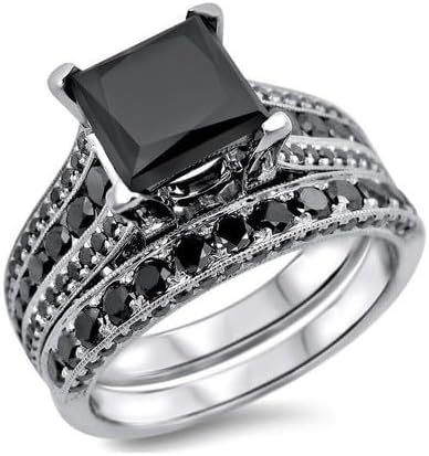 Jewels by Parijaat 2 Cttw Princess Cut Created Black Diamond Prong Set Wedding Bridal Ring with Band Set In 14K White Gold Over 925 Sterling Silver