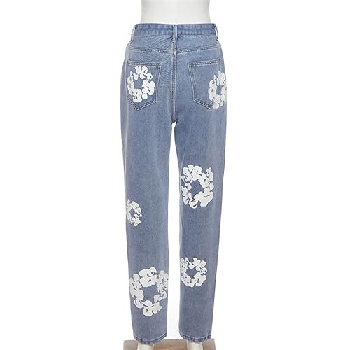Women's White Floral Printed Jeans, High Waisted Straight Leg Denim Pants3