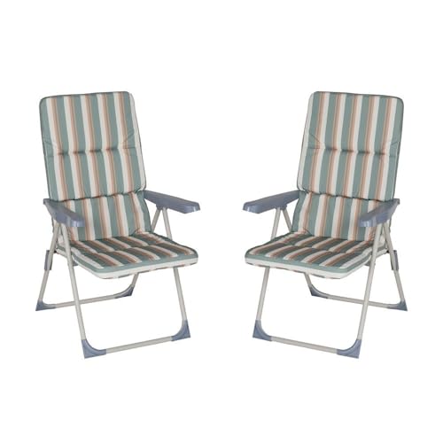 LOLAhome Set de 2 Sillones de Jardín Acolchado y Reclinable 4 Posiciones Gris Multicolor. Estructura de Tubo de Acero anticorrosión y Lona a Rayas. Colchón de 5 cm de Grosor, Plegable. 61x58x106 cm