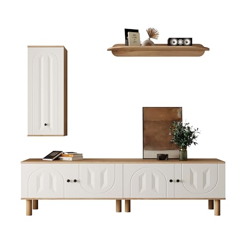 Mueble De Pared Para Salón Con Tablero De Partículas Y MDF, Conjunto 3 Piezas Con Almacenaje Modular Y Puertas Talladas, Mueble De TV Con Vitrina Y Estante, Blanco Y Madera Natural, Set 3 Piezas