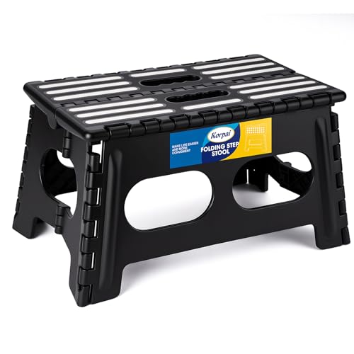Korpai 9' Folding Step Stool for Adults and Kids 15-Inch Extra Wide Stool Holds Up to 300 lbs,Non-Slip Folding Stools with Handle,Compact Plastic Foldable Step Stool for Bathroom,Kitchen,ect, Black