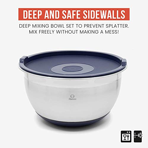 Chef Pomodoro Mixing Bowls With Lids, Stainless Steel Bowl Set, Non-Slip Silicone Base, Navy Blue, Mixing Bowl Set - 3 Piece (1.5 Qt, 3 Qt, 5 Qt), Bowls For Kitchen Storage, Cooking (Navy) #TOP2