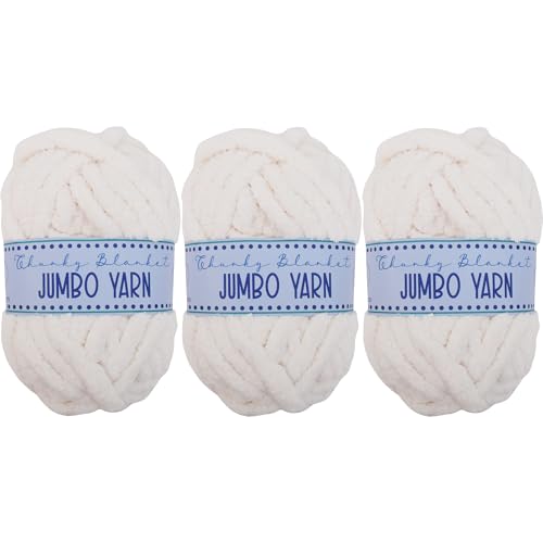 Image of 3 Pack ThreadArt Chunky Chenille Yarn for Hand Knitting, Jumbo, White | Soft jumbo chenille yarn for hand knit and crochet. Make blankets, plushies & crochet projects. DIY quick projects.