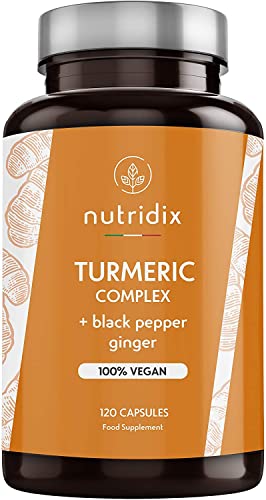 Nutridix Cúrcuma Orgánica 1300 mg Dosis con Pimienta Negra y Jengibre - Potente Antioxidante y Antiinflamatorio con Curcumina y Piperina - 120 Cápsulas