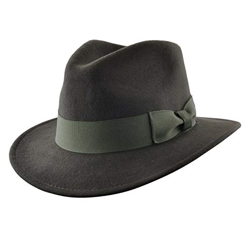 Feito à mão de feltro triturável Fedora HAT 100 % lã elegante chapéu para cavalheiros com banda larga estilo Indiana, Verde escuro