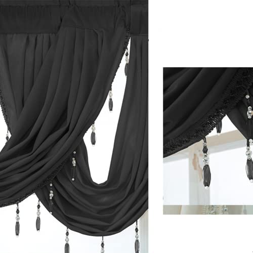 Abreeze Luxury Velvet Waterfall Valance,Black Beaded Blackout Valance Short Window Curtain With Tassel Rod Pocket Valance Drapes,57W X 37L Inch,1 Panel #TOP1