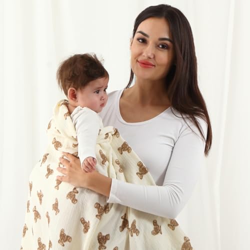 Image of insular Muslin Swaddle Blankets for Boys Girls, 2 Pack Receiving Baby Blanket Large 47 x 47 inches, Soft Breathable Swaddling Wrap for Unisex Newborn, Teddy Bear&Floral
