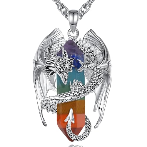 INFUSEU Chakra Stone Dragon Necklace 7 Healing Crystals Calming Gift Jewelry Men Women Rainbow Fluorite Super Seven Ametrine Pendant Spiritual Meditation Accessories Anxiety Relief Item