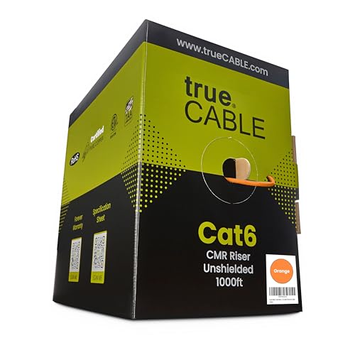 trueCABLE Cat6 Riser (CMR), 1000ft, Orange, 23AWG 4 Pair Solid Bare Copper, 550MHz, PoE++ (4PPoE), ETL Listed, Unshielded Twisted Pair (UTP), Bulk Ethernet Cable