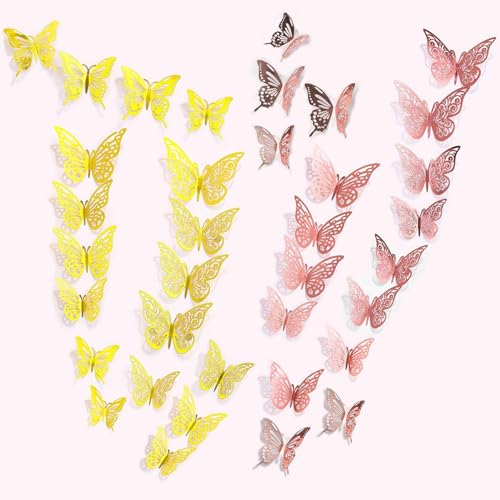 YUBBYSTU 72 Pezzi 3D Farfalle Farfalla Decorativa Adesivi Murali FAI DA TE Art Decalcomanie adesivi murali farfalle 3D misti, per casa, camera da letto, decorazione cameretta (Oro giallo e oro rosa)