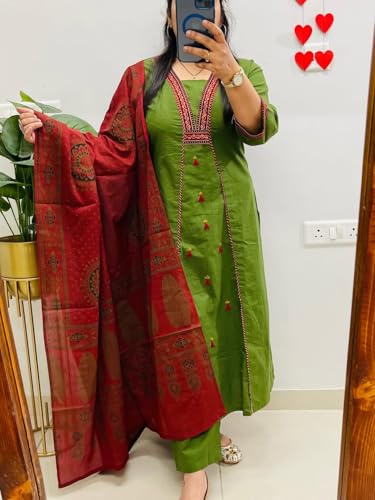 Image of ANNI Designer Navy Blue Pure Cotton A-Line Kurta Pant Dupatta Set for Women | Embroidery 3 Piece Suit with Straight Pants & Matching Dupatta | Festive Office Ethnic Wear
