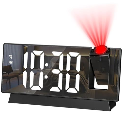 OQIMAX Digitaler Wecker mit Projektion, Projektionswecke mit 4 Stufen Bildschirmhelligkeit, Projektion Uhr mit Temperatur, Datum, 12/24H, Snooze, LED-Spiegeluhr Wecker Digital für Schlafzimmer Büro