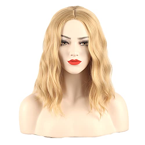 Blonde Cosplay Wig Short Wavy Curly Wigs Middle Part Shoulder Length Wig Short Synthetic Hair Wigs Costume Party for Women Daily Use Wig (Blonde 14")