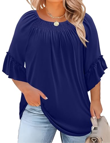 Image of Micoson Womens Plus Size Tops 3 /4 Ruffle Sleeve Crewneck Pleated Shirts