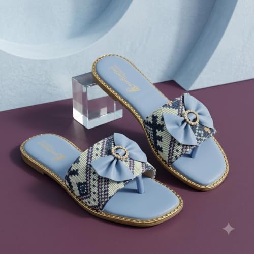 Image of Women's Printed Bow Detail Flat Sandals | Casual Comfort Slippers for Girls