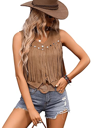 Floerns Women's Studded Fringe Trim Sleeveless Crop Top Vest Jacket Outerwear Brown M #TOP3