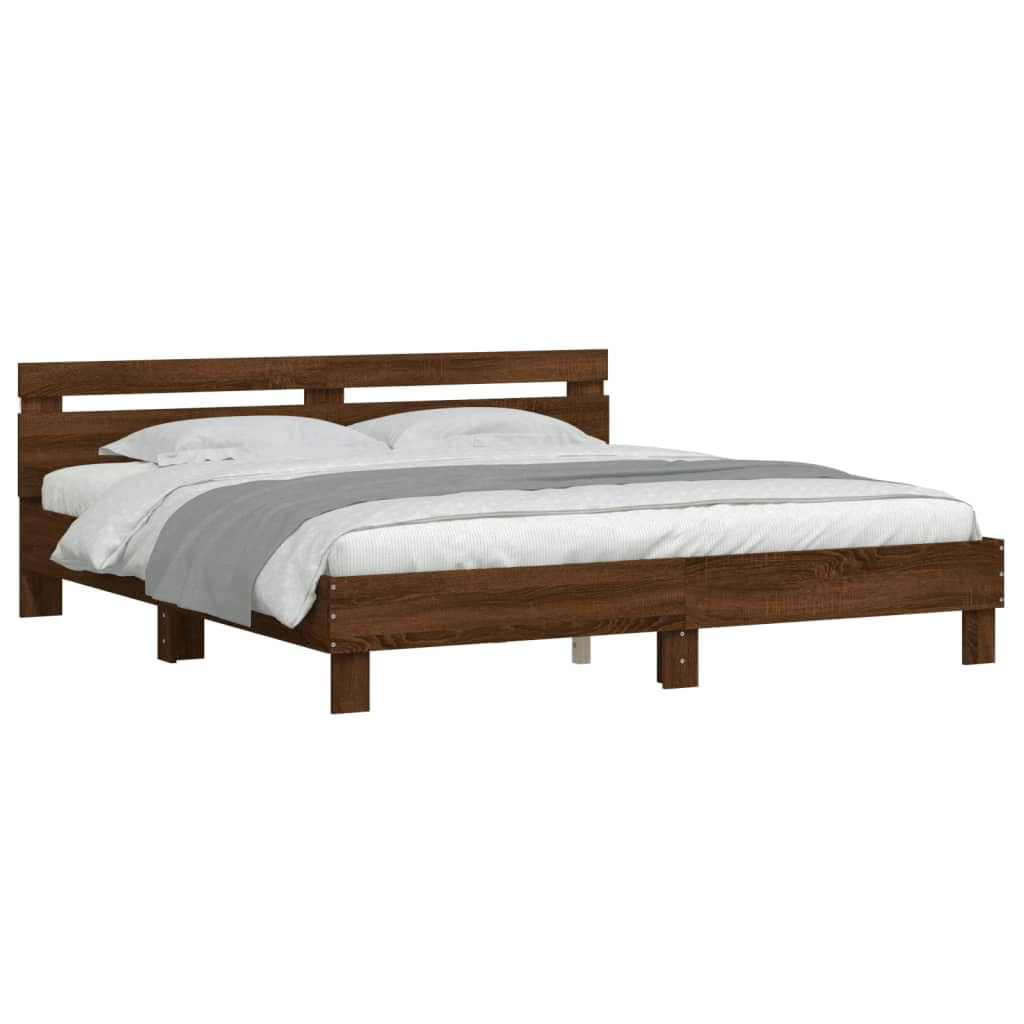 Festnight Marco de Cama 180 x 200 cm con Cabecero Estructura Cama Marrón Roble Cama con Luces LED y Somier Soporte de Láminas de Madera Base De Cama
