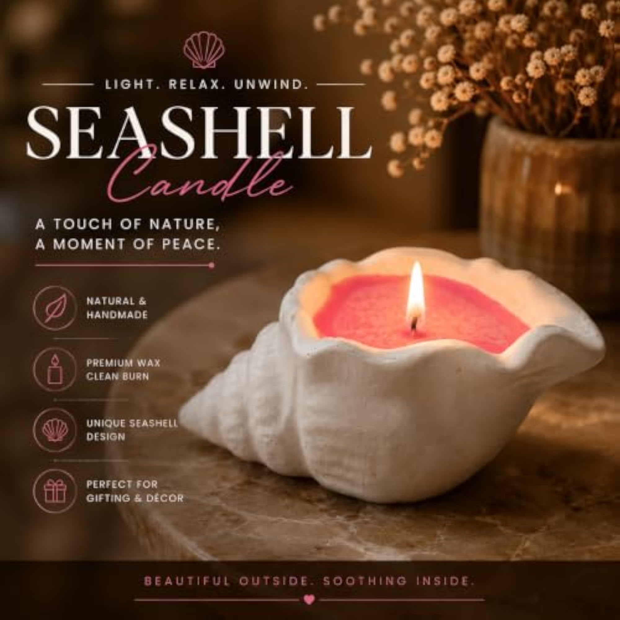 Conch Shell Decorative Candle with Pink Wax, Sculptural Seashell Design