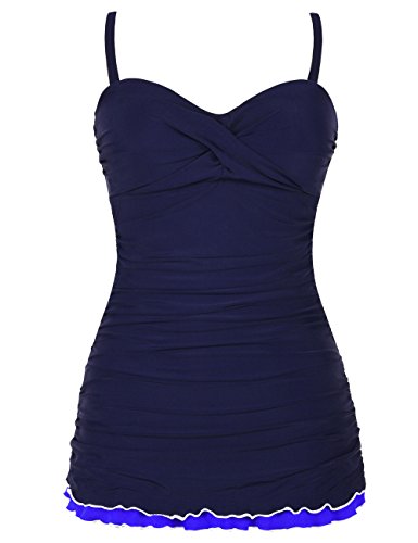 Hilor Women s One Piece Swimsuits Tummy Control Swimwear Ruffle Swimdress with Panty Navy 16