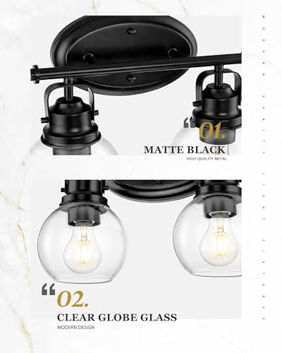 Image of Black Bathroom Light Fixtures, 2-Light 14 inch Vanity Lights with Clear Globe Glass Shades, Farmhouse Vintage Vanity Lighting Fixtures Over Mirror, E26 Base, AD-2147-2W-BK