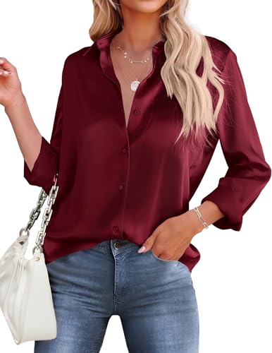 HOTOUCH Camisas femininas de cetim de seda com botão e gola V, blusa casual solta de manga comprida para trabalho no escritório, Vinho tinto, M