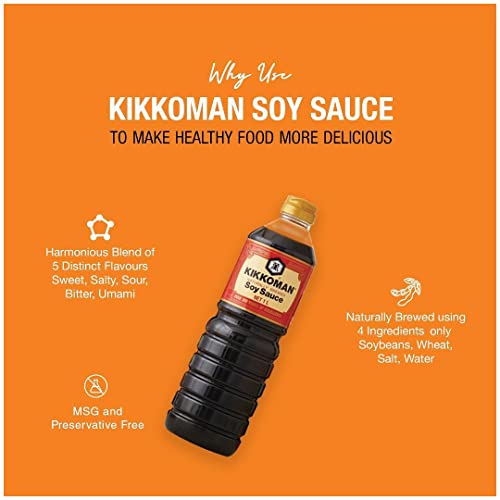 Image of Kikkoman Naturally Brewed Soy Sauce - 1 Litre | Made in Japan, All Purpose Seasoning - 4 ingredients- Soy Beans, Salt, Water, Wheat | Vegetarian, No Added Colour or Preservatives