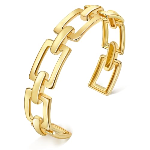 18K Gold Plated Geometric Gold Cuff Bracelets for Women - Adjustable Rectangle Aesthetic Bracelet, Trendy Gold Jewelry Gift for Her
