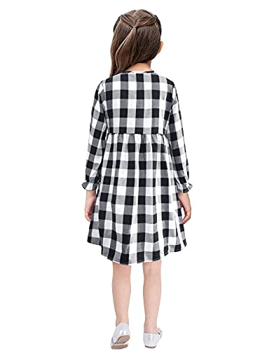KYMIDY Girls Casual Dress Long Sleeve Buffalo Check Black White Plaid Dresses for Kids 2-8 Years2