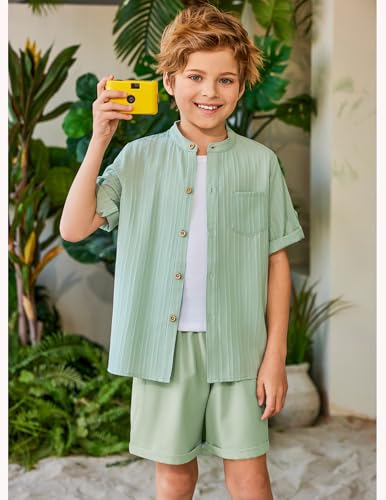 Image of Arshiner Boy's 2 Piece Beach Outfit Short Sleeve Textured Button Down Shirt and Short Sets Summer Vacation Wear 4-12 Years