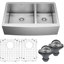 Karran 33 Inch Farmhouse Sink Stainless Steel 60/40 Double Bowl Apron Front Kitchen Sink, 16 Gauge 304 Stainless Steel, Undermount, Brushed Finish, Includes Grids and Basket Strainers