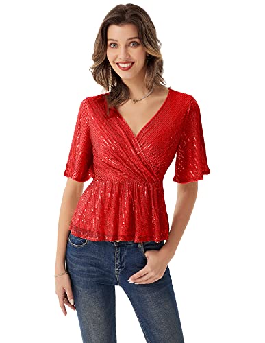 Women's Sequin Club Top Bell Sleeve Ruffle Hem Glitter Wrap Blouse Sparkle Shimmer V-Neck Shining T-Shirt Blouse Red Xxl #TOP5