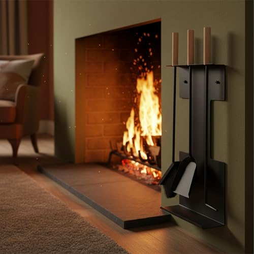 Relaxdays Kaminbesteck modern, 4 teilige Kamingarnitur, mit Schaufel, Besen, Schürhaken und Halter, Ofenbesteck, schwarz, 66 x 28 x 11 cm-2