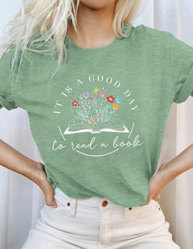 Astanfy Womens Summer T Shirts Book Plant Graphic Tees Crew Neck Tops Letter Print Short Sleeve Casual Tunics,Green,L #TOP2