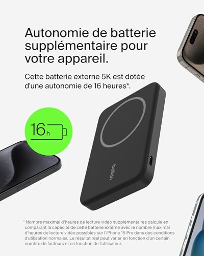 Belkin BoostCharge Pro Batterie Externe Magnétique sans Fil 5000mAh avec Qi2, Chargeur Portable Compatible MagSafe, Support intégré, Batterie Portable pour iPhone 16, iPhone 15, 14, 13, etc., Noire