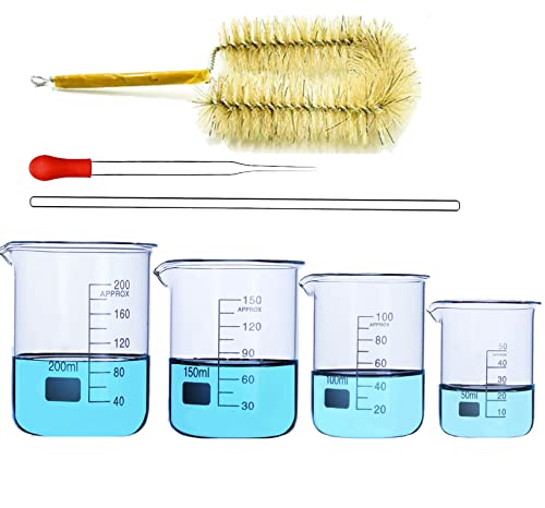 ASHLGQB Juego de Vaso de Vídrio, Graduado Tazas Medidoras, Vaso Medidor Cristal con Forma Baja con Cepillo de Limpieza, Pipeta de Vidrio, Varilla de Agitación, Bote Laboratorio 50ml 100ml 150ml 200ml