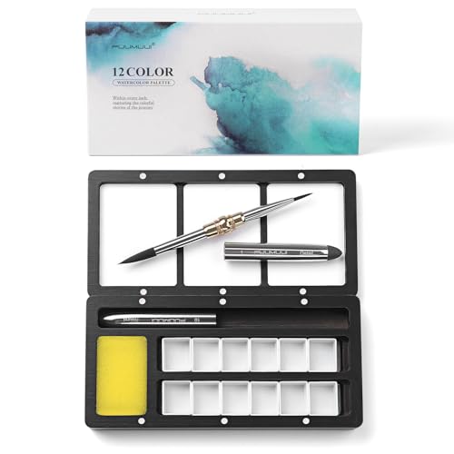 Travel Watercolor Palette Box, Fuumuui Black Wood Palette Kit with Cover, 12 Empty Removable Half-pan Grids, Dual Tip Travel Brushes, for Watercolor G