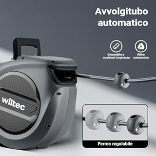 Wiltec Avvolgitubo automatico per aria compressa 20 m, avvolgitubo in acciaio, 17 bar, con supporto girevole a 180°