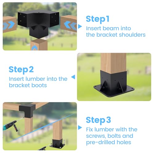 Neorexon Pergola Bracket Kit Elevated Wood Stand Kit Woodwork 4\" x 4\" (Actual 3.5\" x 3.5\"), Solid Steel DIY Pergola Hardware Kit, 2PCS 3-Way Right Angle Corner Bracket & 2PCS Base Bracket
