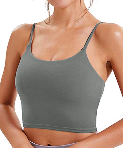 ALVAGO Women Padded Sports Bra Longline Yoga Tank Top Fitness Workout Running Shirts Seamless Camisole with Built Shelf Bras Gray