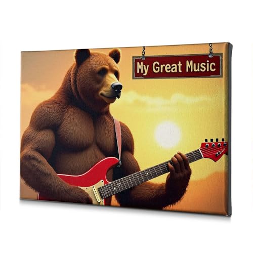 Toile de fond ours musclé avec guitare électrique rouge, décoration murale rock 40x60 cm