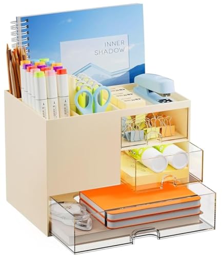 Image of UCRAVO Student Desk Organizer and Storage with 3 Drawers | Aesthetic Pastel Beige Clutter Control Solution | Multi-Functional Large Capacity Table Organizer for Study, School Supplies & Office Use