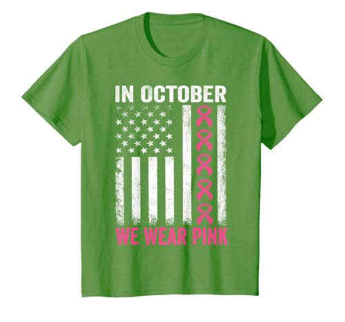 in October we Wear Pink Us Flag Breast Cancer Awareness T-Shirt, Youth, Grass Green, Large